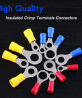 360 Piece Quick Disconnect Crimp Terminal Assortment Kit With Insulated Ring Terminals in red, blue, and yellow.