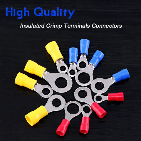 360 Piece Quick Disconnect Crimp Terminal Assortment Kit With Insulated Ring Terminals in red, blue, and yellow.