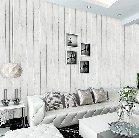 590 In By 17.7 In White Wood Peel And Stick Wallpaper Removable Vintage Wood Plank Wall Covering in a modern living room.