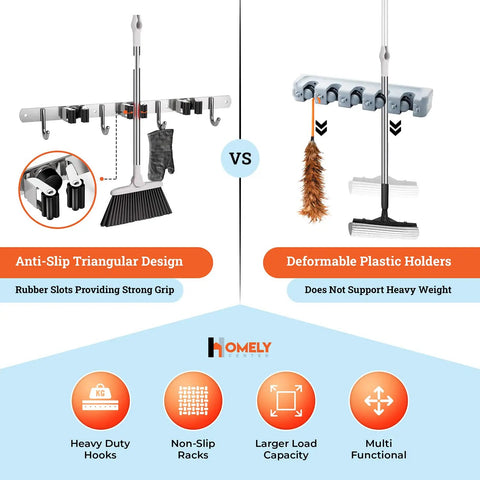 Comparison of Heavy Duty Wall Mount Broom And Mop Holder With 3 Tier Racks And 4 Hooks 17 Inch Stainless Steel Organizer vs plastic holders