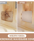 Before and after of grease and moisture shield microwave waveguide cover for GE microwaves, showing protection improvement.