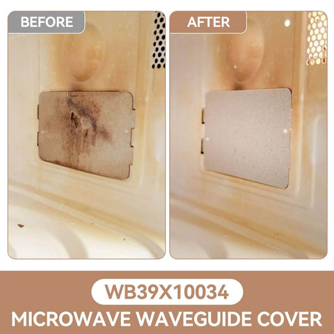 Before and after of grease and moisture shield microwave waveguide cover for GE microwaves, showing protection improvement.