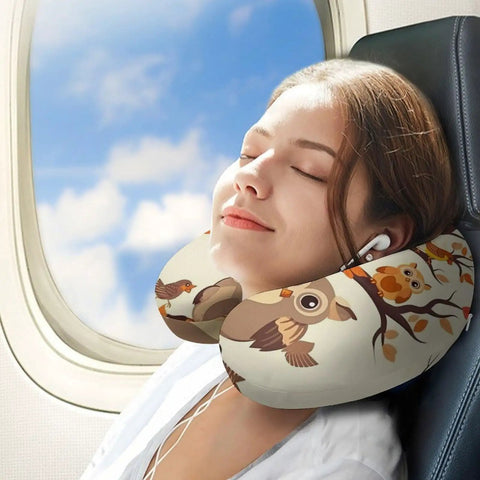 Cartoon Family Owls On The Brown Tree U Shaped Travel Pillow With Memory Foam Core in use on an airplane