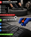 Comparison of traditional vs Roadside Tire Repair Kit With 100 Self Sealing Screw Plugs in use on a car tire