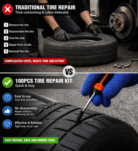 Comparison of traditional vs Roadside Tire Repair Kit With 100 Self Sealing Screw Plugs in use on a car tire