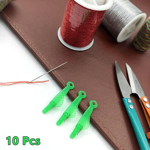 10 Pcs Fish Mouth Sewing Machine Needle Threader Set Upgraded 2024 Automatic Needle Threader Tool in green plastic on table.
