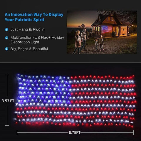 Ultra Bright 420 LED American Flag Lights Waterproof Outdoor Flag String For 4th of July Memorial Day Independence Day Garden Yard Patio Christmas Decor and Holiday Parties displayed on a house wall