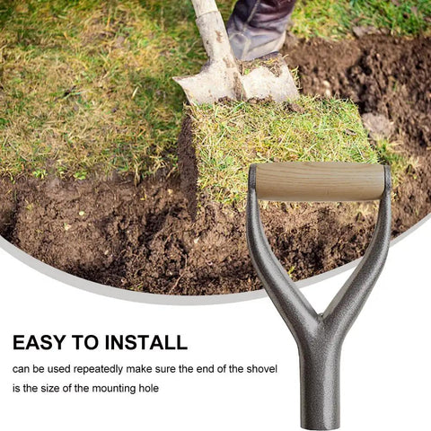 D Grip Handle Replacement Fork Kit for Garden Shovels, ergonomic design in iron and wood, shows installation and digging use.