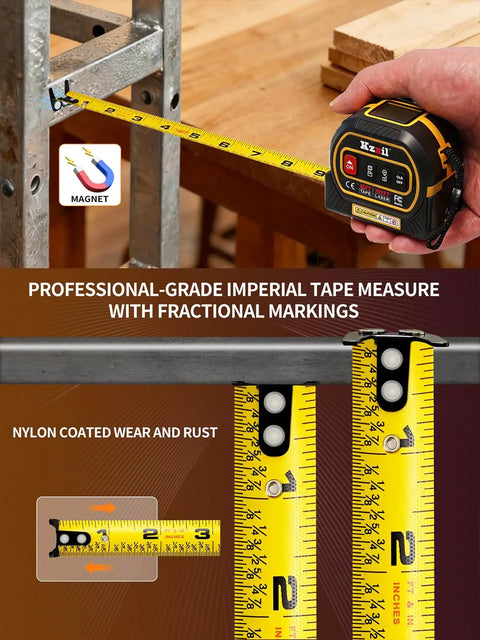 Laser Tape Measure 4 In 1 With 196 Ft Laser Distance Meter And 16 Ft Manual Tape Cross Line Laser Magnetic Base Pro Grade Quick Measurements For Home Renos And The Jobsite, yellow tape extended