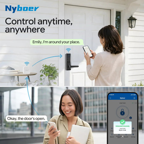 Woman remotely controls door lock with phone using Wi-Fi Gateway For Smart Door Locks With TT Lock App Remote Control Alexa Voice Compatible Hub No Fuss Setup For Electronic Lock Assemblies 32 Foot Range Easy Smart Home Security Upgrade.