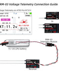 Diagram showing PRM-03 Real Time OSD Telemetry Module for AT9, AT9S, AT9S Pro, AT10II with LiPo battery connection and receiver