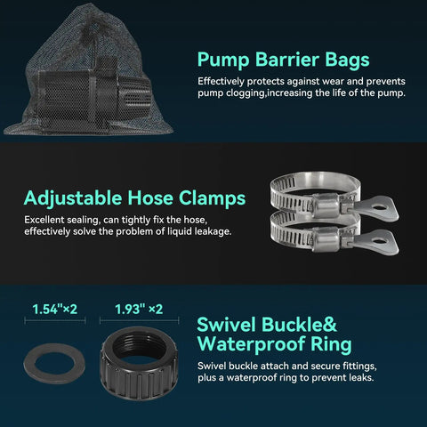 Image of pump barrier bags, adjustable hose clamps, swivel buckle, and waterproof ring for Beefy 1587 GPH Submersible Pond Pump.