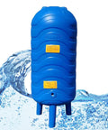 Solid Vertical Water Pressure Tank With Mounting Kit Freeze Proof Food Grade Polyethylene Well Storage Container Built Heavy Duty For Home Plumbing Zero Headaches Installation displayed with water splash.