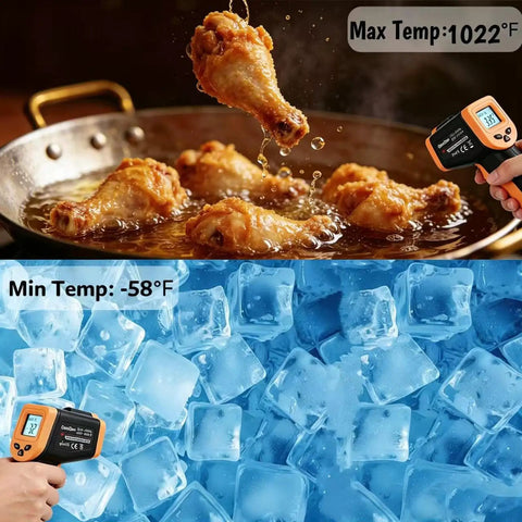 Digital Infrared Temperature Gun For Cooking With Backlit Display And Auto Shutoff, Shows Surface Temp Only, Reads From Minus 58 To 1022 Fahrenheit used on frying oil and ice