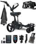 Solid As A Rock Electric Golf Cart With Remote Seat Attachment And Quick Zip Fold Frame For All Terrain Courses Plus Cup Holder And Scorecard Storage Accessories, featuring control remote and accessories.