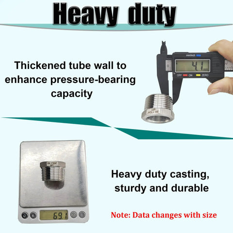 Beefy Three Quarter Inch MNPT To One Half Inch FNPT Stainless Steel Hex Bushing Reducer Adapter Pipe Fitting 304 Stainless Heavy Duty Reducing Coupler For Plumbing And Industrial Use shown with caliper and scale