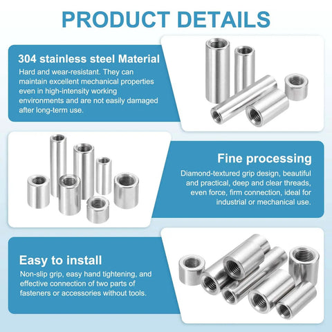 Beefy M12x1.25mm Stainless Steel Round Coupling Nuts 304, Set Of 2, 25mm Length, Fine Thread Female Nuts For Rods And Bars, Connector Sleeve, Fully Threaded Nut Fasteners, Rust Resistant Silver Tone. 304 stainless steel round coupling nuts shown in multiple angles
