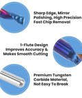 Close-up of CNC Router Bits 10 Pack Single End Mill Set featuring sharp edge, 1-flute design, and premium tungsten material.