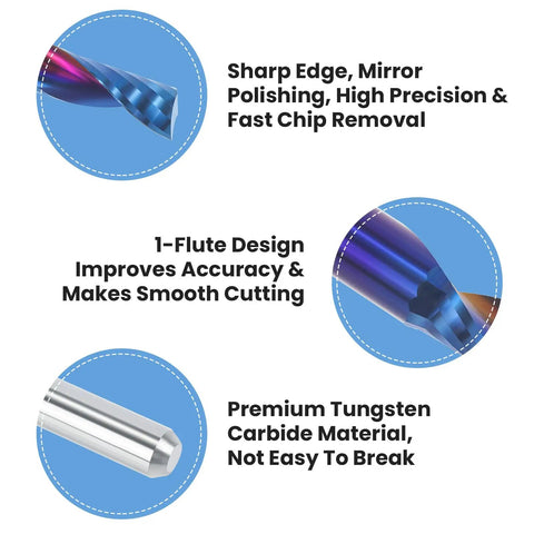 Close-up of CNC Router Bits 10 Pack Single End Mill Set featuring sharp edge, 1-flute design, and premium tungsten material.