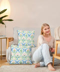 Vintage Block Print Floral Pillow Covers 18x18 Set of 2 in Blue Green Pink with Cozy Flannel Cottage Core Art Nouveau Decor for Living Room and Bedroom Grandmillennial Style Hidden Zipper Covers, shown on sofa