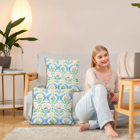 Vintage Block Print Floral Pillow Covers 18x18 Set of 2 in Blue Green Pink with Cozy Flannel Cottage Core Art Nouveau Decor for Living Room and Bedroom Grandmillennial Style Hidden Zipper Covers, shown on sofa