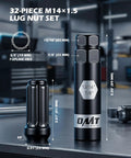 Heavy Duty M14x1.5 Lug Nuts With Sixty Degree Cone Seat And Socket Key Built Like A Tank For Trucks SUVs showing 32-piece set dimensions.