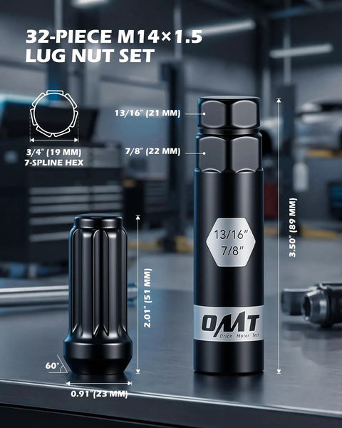 Heavy Duty M14x1.5 Lug Nuts With Sixty Degree Cone Seat And Socket Key Built Like A Tank For Trucks SUVs showing 32-piece set dimensions.