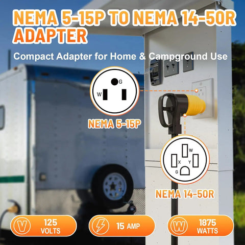 Image of Straight Up Heavy Duty 50 To 110 Volt Rv Adapter Converts Nema 5-15P Household Outlet To 14-50R Camper Socket.