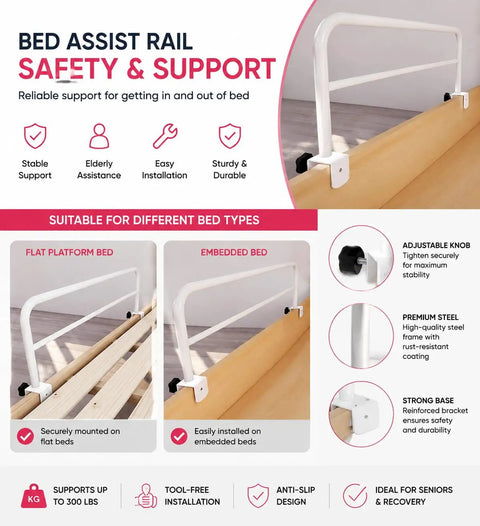 Adjustable Bed Assist Rail For Seniors No Drill Bedside Standing Bar With Foam Grip Fall Prevention Safety Guard setup guide