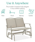 Two Person Outdoor Patio Swing Glider With Smooth Rocking Motion, Textilene Fabric Over Powder Coated Steel Frame For Weather Resistant Comfort On Deck Or Porch, A Cozy Two Seat Rocker on display with uses for patio, porch, balcony, garden