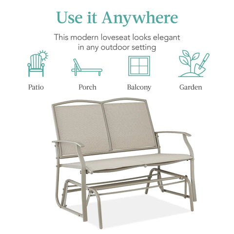 Two Person Outdoor Patio Swing Glider With Smooth Rocking Motion, Textilene Fabric Over Powder Coated Steel Frame For Weather Resistant Comfort On Deck Or Porch, A Cozy Two Seat Rocker on display with uses for patio, porch, balcony, garden
