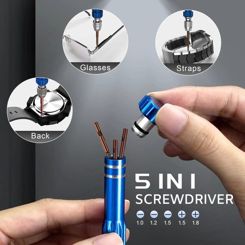 Comprehensive Pro Grade Watch Repair Kit For Battery Replacement And Link Removal Resizing Opening Case Back Remover Spring Bar Tool Screwdrivers Gasket Replacement And Cleaning With Strap Adjustment Tools; blue 5-in-1 screwdriver set used for watches, glasses, and straps.