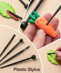 Detail of 27 Piece Clay Tools Kit For Polymer And Air Dry Clay Fans, plastic stylus used for shaping clay into leaf and carrot shapes.