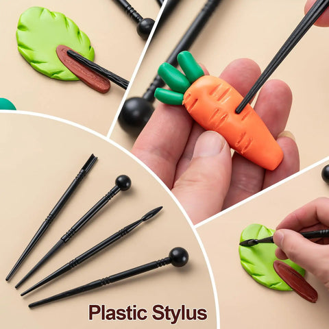 Detail of 27 Piece Clay Tools Kit For Polymer And Air Dry Clay Fans, plastic stylus used for shaping clay into leaf and carrot shapes.