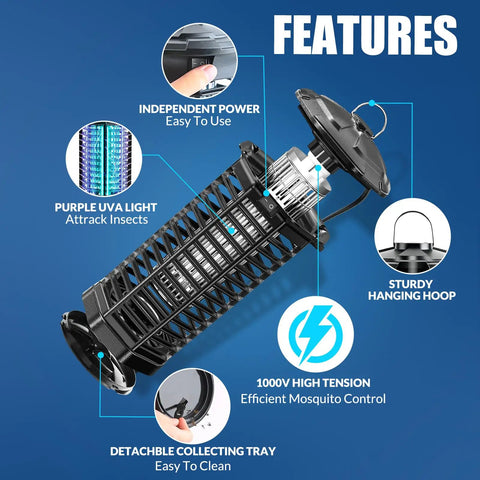 Indoor and Outdoor Bug Zapper With 1000V High-Efficiency Mosquito Killer showing features like detachable tray and hanging hoop