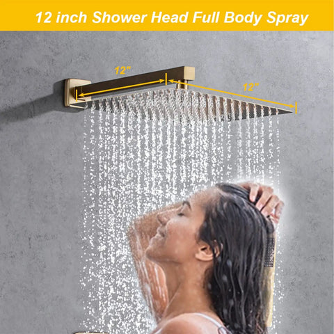 Wall Mounted Shower Faucet Set With Handheld Shower In Brushed Gold Solid Brass Tub Filler rainfall shower in use