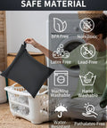 Person holding waterproof wet bag near laundry, with safe material icons, Waterproof Wet Bags Three Pack For Diapers Beach Pool Gym.