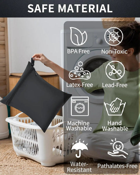 Person holding waterproof wet bag near laundry, with safe material icons, Waterproof Wet Bags Three Pack For Diapers Beach Pool Gym.