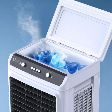 Ditch The Summer Scorch And Grab This Mobile Evaporative Air Cooler With A Massive Water Tank To Kick The Heat Sideways Hella Efficient Indoor Outdoor Swamp Cooling For Ultimate Chill Zones Anywhere showing ice cubes in reservoir.
