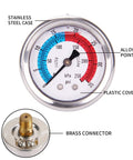Two Inch Dial Pool Filter Pressure Gauge Glycerin Filled Water Pressure Gauge With 304 Stainless Steel Case One Quarter Inch NPT Center Back Mount Top Notch Readouts, showing stainless steel case, alloy pointer, plastic cover, and brass connector detail.