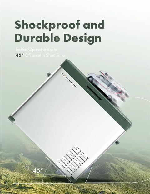 Hella Spacious 47 Qt Portable Car Refrigerator With Tough 12 Volt Cooling showing shockproof design at 45 degree angle.