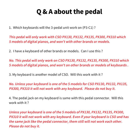 Q & A about the pedal compatibility with various Casio PX series models including PX130, PX132, PX135, PX300, and PX310.
