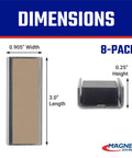 Ceramic Channel Magnets With Adhesive Backing, Rock-Solid 22 Lb Pull Each, Double-Sided Foam Backing, Nickel-Plated Base, 3 Inch Long, 0.905 Inch Wide, 0.25 Inch High, 8 Pack For Cabinets And DIY Mounting, showing dimensions in packaging