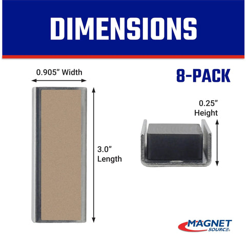 Ceramic Channel Magnets With Adhesive Backing, Rock-Solid 22 Lb Pull Each, Double-Sided Foam Backing, Nickel-Plated Base, 3 Inch Long, 0.905 Inch Wide, 0.25 Inch High, 8 Pack For Cabinets And DIY Mounting, showing dimensions in packaging