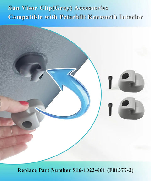 2 Pcs Sun Visor Clip Pair Gray Interior Accessories Compatible With Peterbilt Kenworth Fits 2019 Peterbilt 579 Truck Cab Interior Replace Part S16 1023 661 F01377 2 shown with installation illustration.