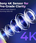 Hella Crisp 4K Webcam For PC With Built In Mic And Soft Ring Light Plus Manual Privacy Cover showcasing Sony 4K sensor details.