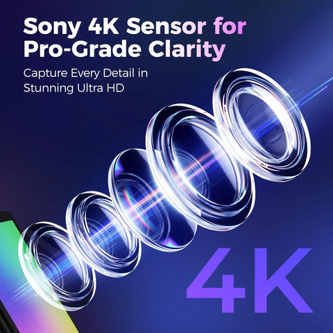 Hella Crisp 4K Webcam For PC With Built In Mic And Soft Ring Light Plus Manual Privacy Cover showcasing Sony 4K sensor details.