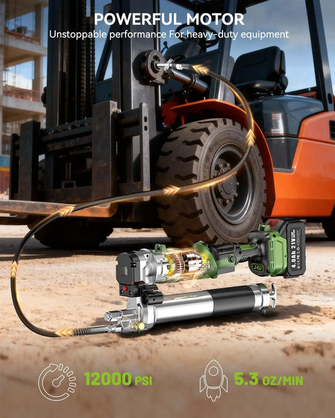 Beefed Up Cordless Electric Grease Gun With 2x4.0Ah Batteries, 12000 PSI High Flow At 5.3 Ounces Per Minute, 39.4 Inch Hose