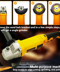 Pro Grade Heavy Hitter Pipe Tube Polisher Sander With 1280W Motor And Six Adjustable Speeds For Tough Metal Grinding Rust Stripping And Smooth Pipe Finishing Projects Comes Loaded With 45 Abrasive Belts showing angle grinder tool with multiple attachments.