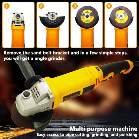 Pro Grade Heavy Hitter Pipe Tube Polisher Sander With 1280W Motor And Six Adjustable Speeds For Tough Metal Grinding Rust Stripping And Smooth Pipe Finishing Projects Comes Loaded With 45 Abrasive Belts showing angle grinder tool with multiple attachments.